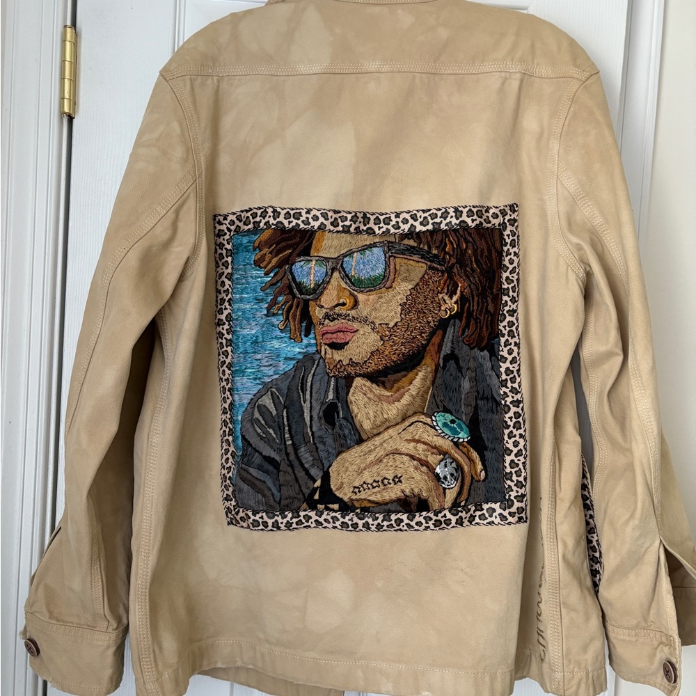 Tea dyed Jacket with Embroidered Lenny Kravitz Portrait. Let love rule on front